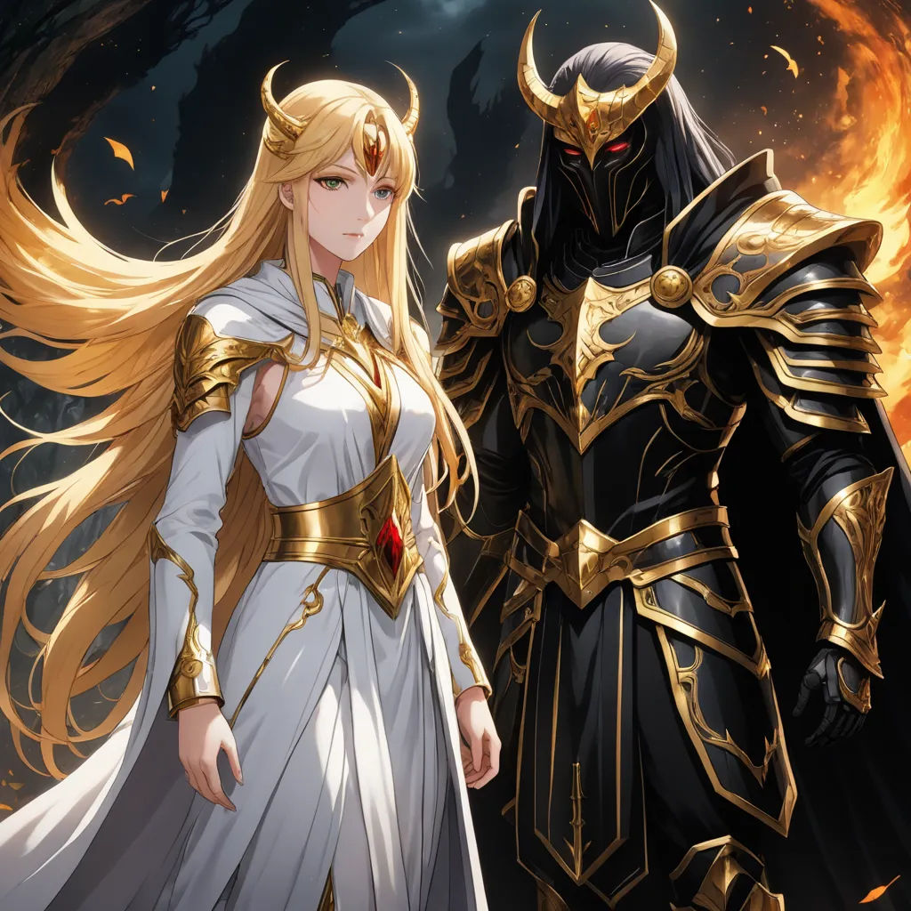 two people dressed in armor standing next to each other in front of a fire and sky background with a demon, fantasy art, concept art, Anne Stokes, official art