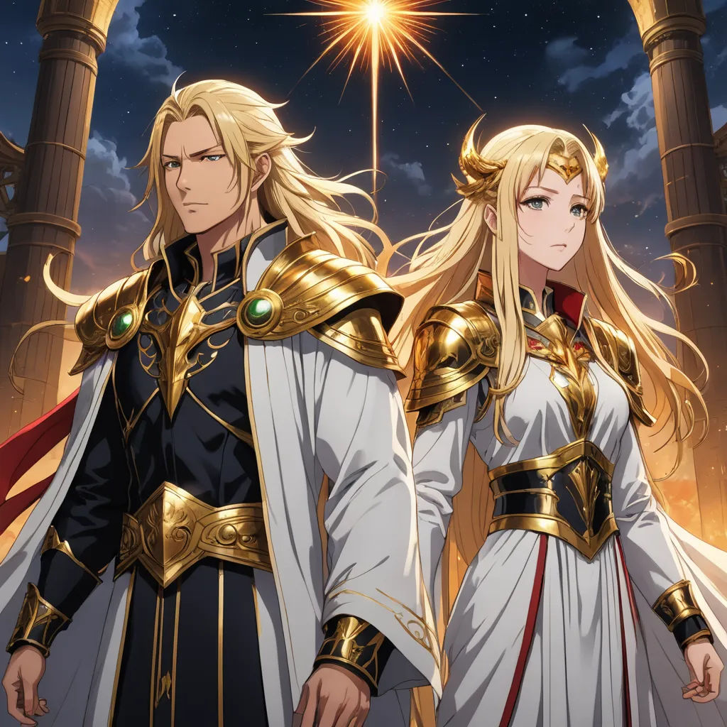 two people dressed in medieval clothing standing in front of a castle at night with a star in the sky, fantasy art, an album cover, Epsylon Point, official art