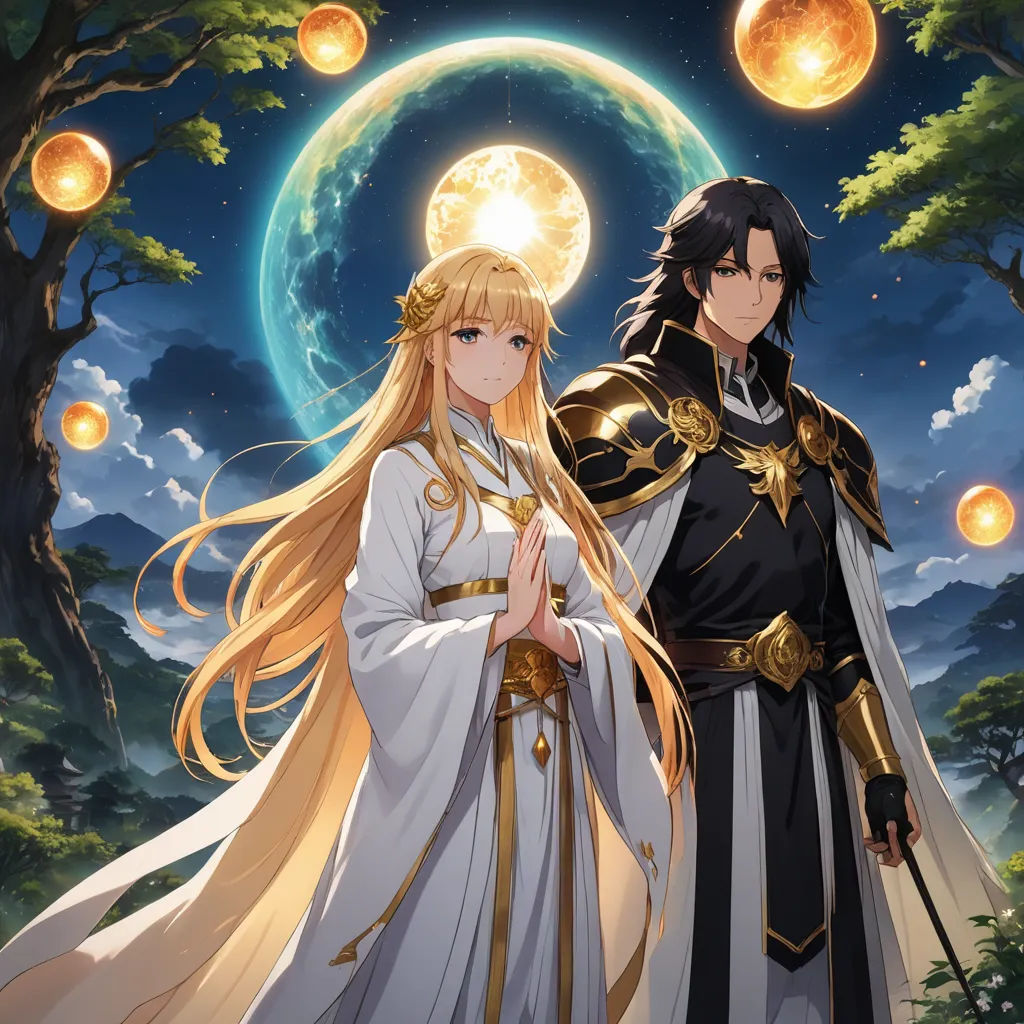 a couple of people standing next to each other in front of a full moon and trees with lights on, fantasy art, poster art, Eden Box, official art