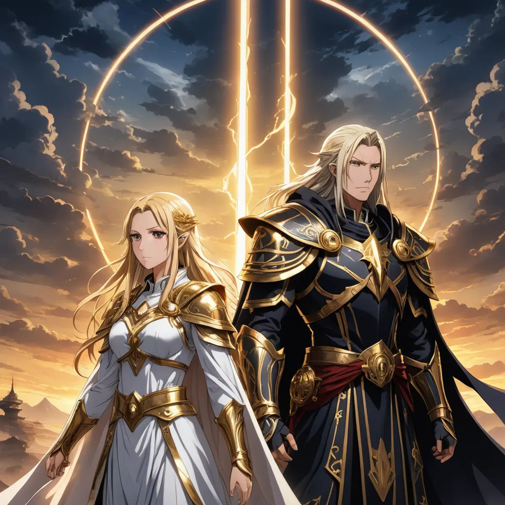 two people in armor standing next to each other in front of a sunset and a ring of fire in the sky, fantasy art, poster art, Dai Xi, key art