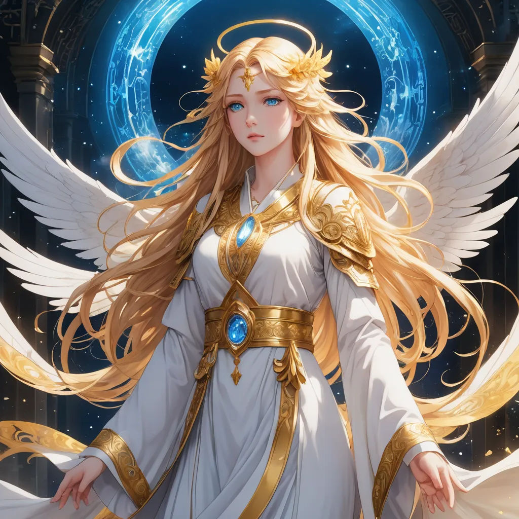 a woman with long blonde hair and a white dress with gold wings and a halo around her neck and a blue ring around her neck, fantasy art, a detailed painting, Anne Stokes, rossdraws global illumination