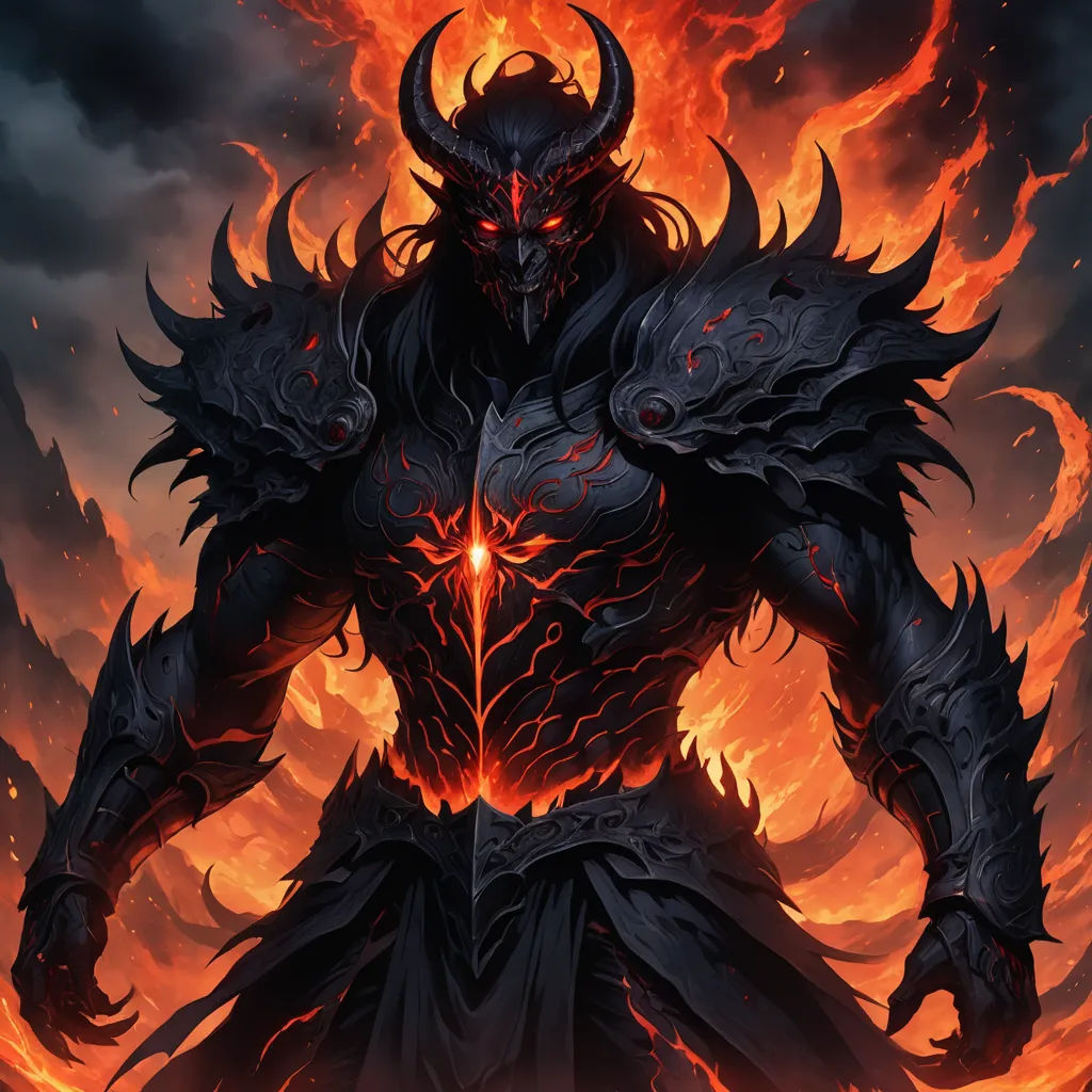 a demonic demon standing in front of a blazing sky with flames and flames around him, with his arms outstretched, fantasy art, a detailed painting, Anne Stokes, epic fantasy character art