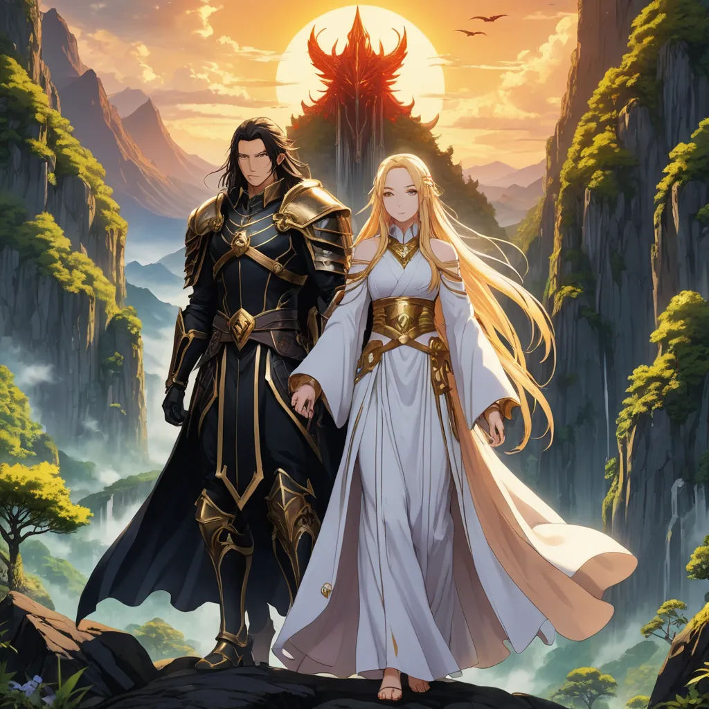 a couple of people standing next to each other on a mountain top with a sunset in the background and a castle in the background, fantasy art, a detailed matte painting, Dai Xi, key art