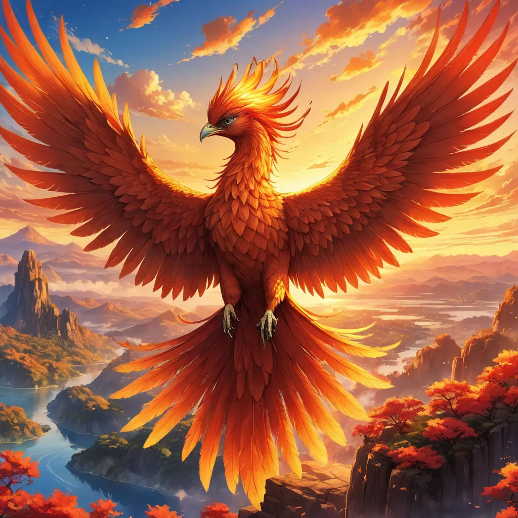 a bird with orange wings is standing on a cliff with a river and mountains in the background and a sunset, fantasy art, an airbrush painting, Anne Stokes, fantasy artwork