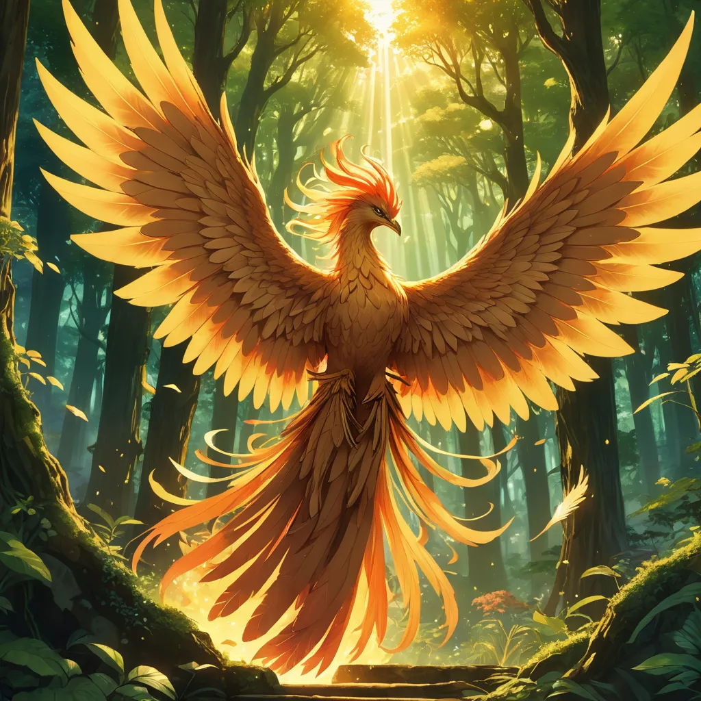 a bird with orange feathers is in the middle of a forest with trees and sunlight coming through the trees, fantasy art, a painting, Christophe Vacher, magic the gathering artwork