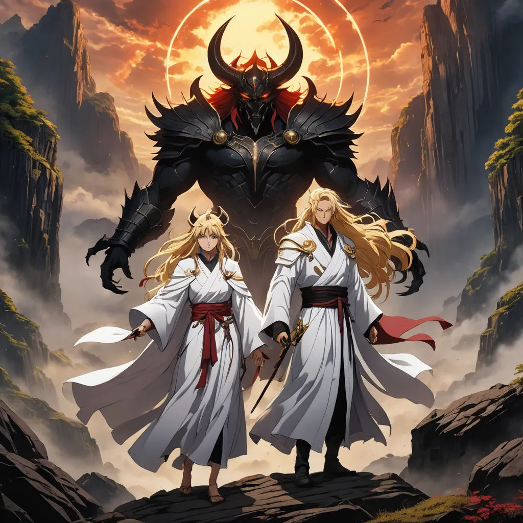 two anime characters standing in front of a giant demon with a sword in their hands and a giant demon in the background, fantasy art, poster art, Baiōken Eishun, official art