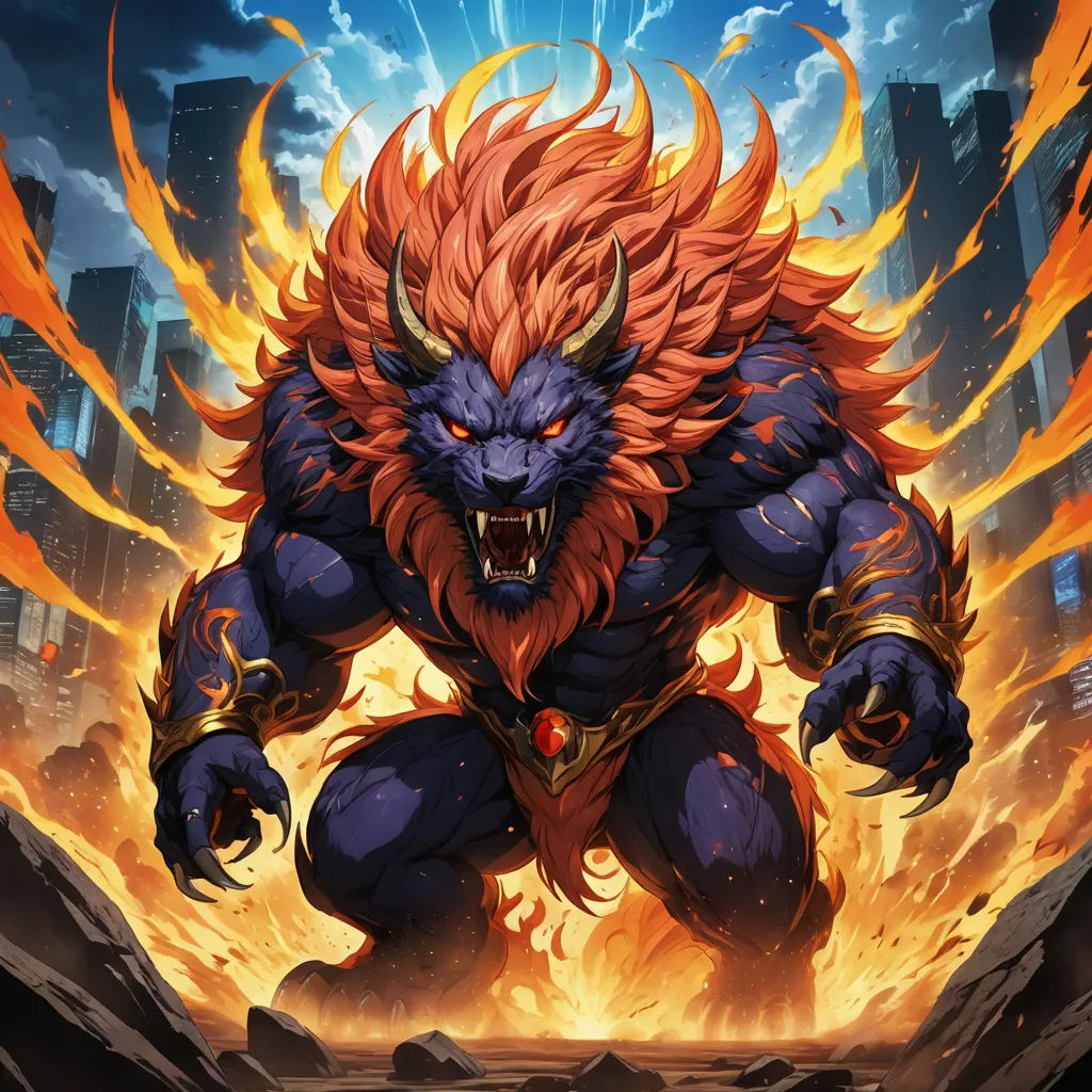 a demonic looking monster with orange hair and orange eyes, with flames in the air and buildings in the background, furry art, concept art, Du Jin, official art