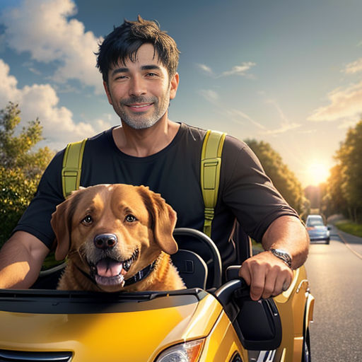 Daddy takes his dog in the car driving