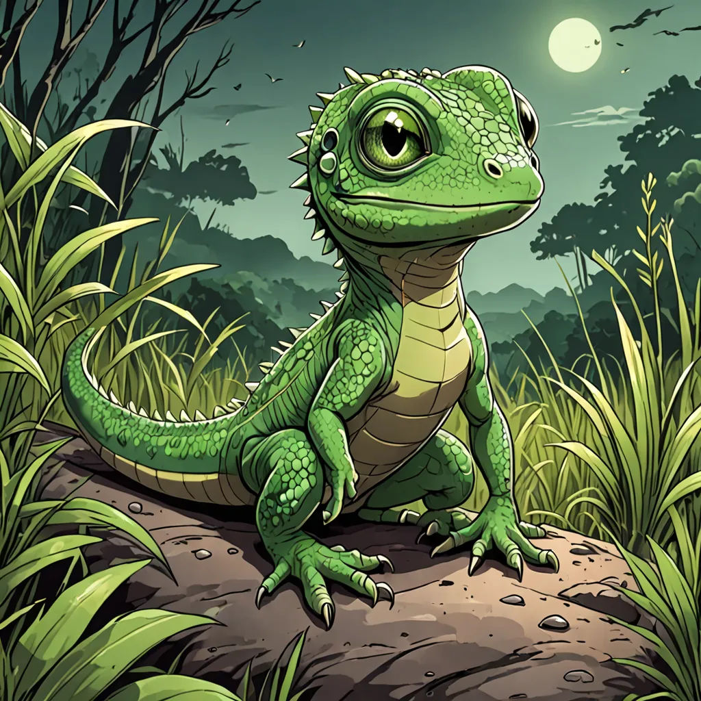 a green lizard sitting on a rock in the jungle at night time with a full moon in the background, fantasy art, a character portrait, Chris LaBrooy, game art
