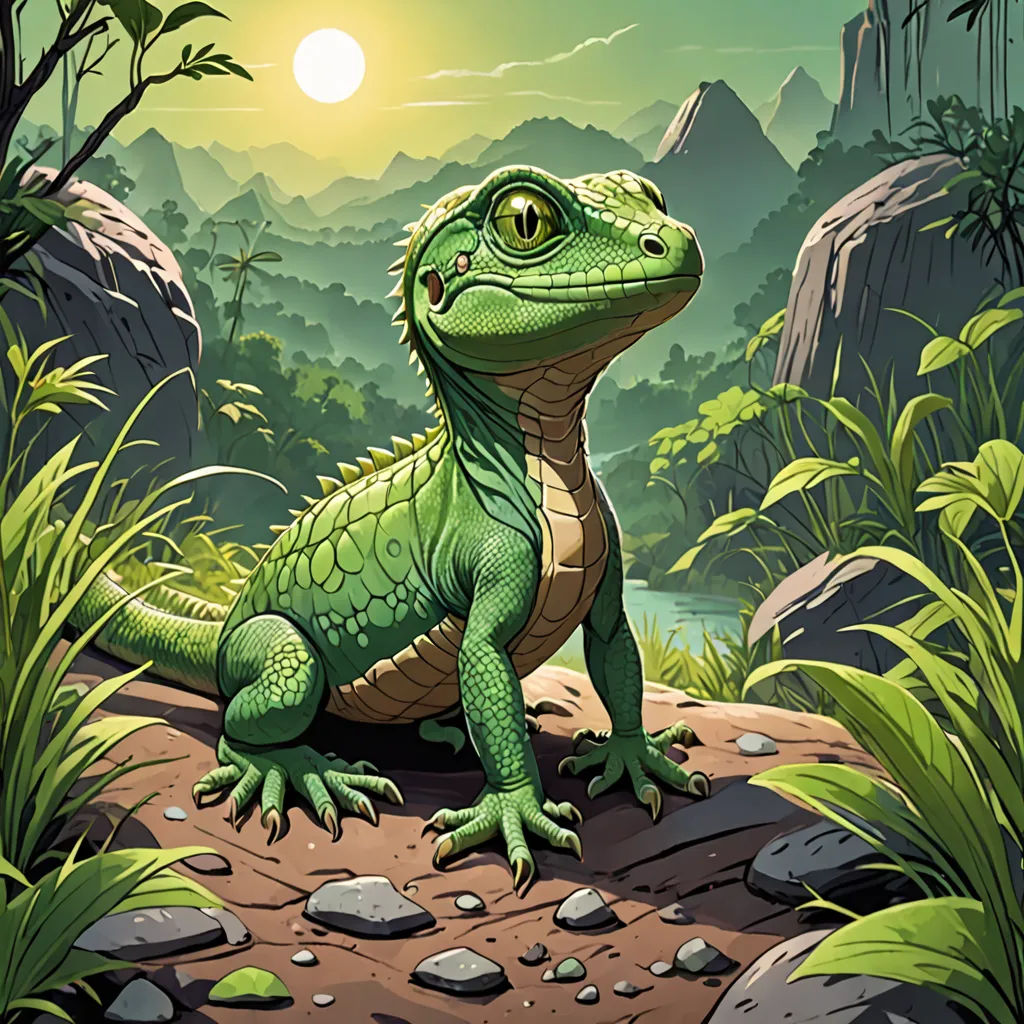 a green lizard sitting on a rock in the jungle with a sun in the background and a mountain range in the background, fantasy art, a character portrait, Chris LaBrooy, magic the gathering artwork