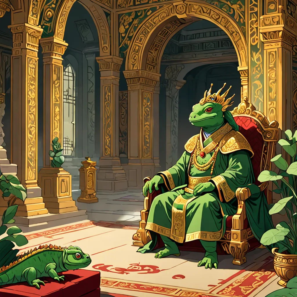 a green dragon sitting in a chair next to a green lizard on a rug in a room with gold trimmings, fantasy art, a storybook illustration, Chris LaBrooy, rossdraws global illumination