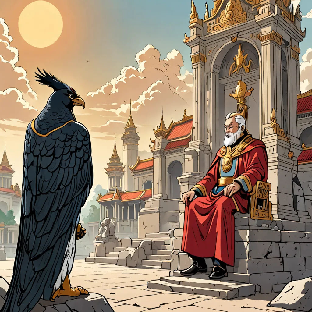 a man sitting on a chair next to a bird on a stone platform with a castle in the background, fantasy art, a comic book panel, Charles Bird King, rossdraws global illumination