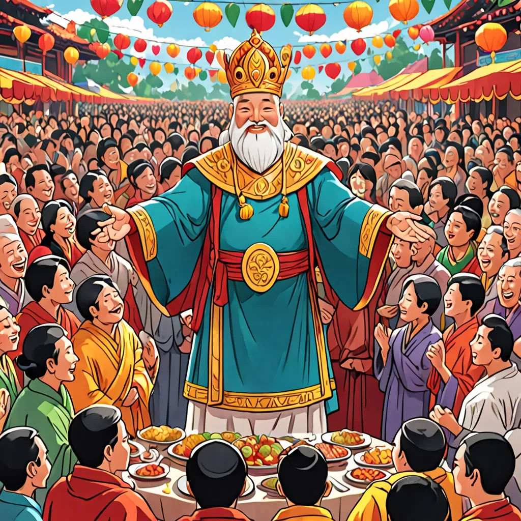 a cartoon of a man standing in front of a crowd of people with a crown on his head and a large crowd of people behind him, excessivism, a storybook illustration, Emperor Huizong of Song, orientalism