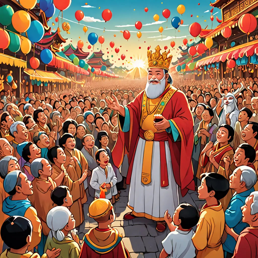 a painting of a man in a crown surrounded by a crowd of people and balloons in the sky above him, excessivism, a storybook illustration, Emperor Huizong of Song, official art