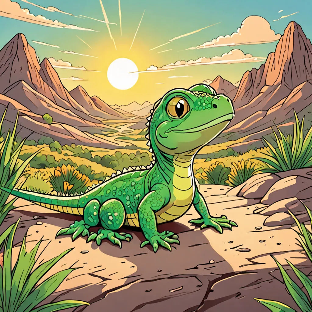 a green lizard sitting on a rock in the desert with mountains in the background and a sun setting behind it, sots art, a storybook illustration, Chris LaBrooy, rossdraws global illumination
