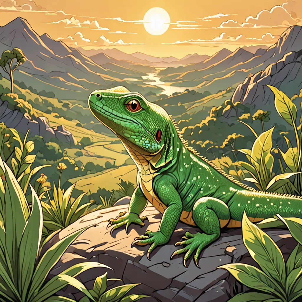 a lizard sitting on a rock in the jungle with a sunset in the background and mountains in the background, fantasy art, a storybook illustration, Chris LaBrooy, high detail illustration