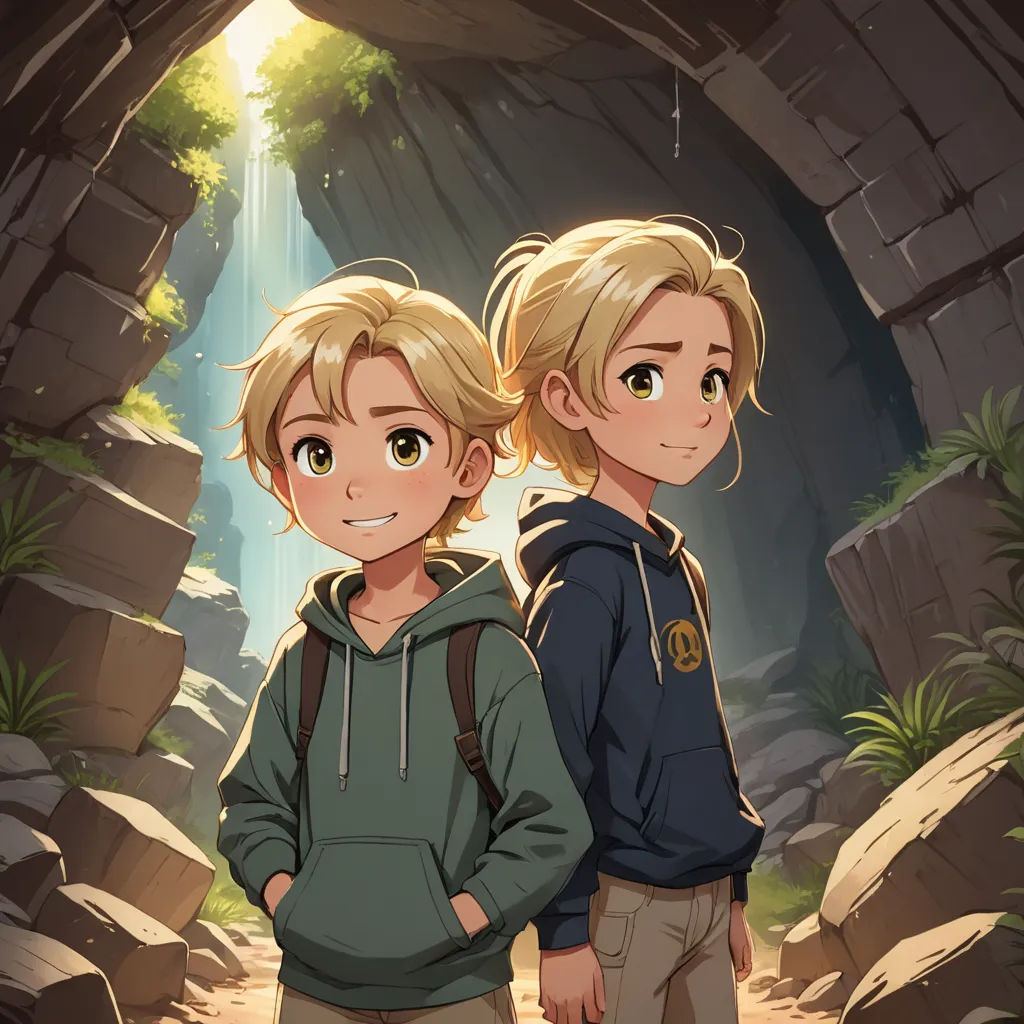 two young boys standing in front of a cave entrance with a waterfall in the background and sunlight streaming through the cave, sots art, concept art, Brothers Hildebrandt, official art