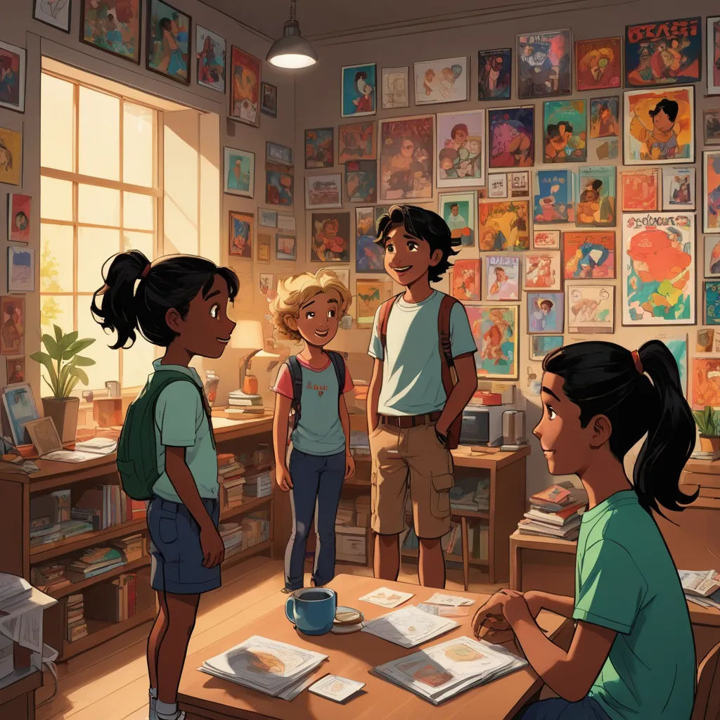 a group of children standing around a table in a room with posters on the wall and a window with a light, serial art, a comic book panel, Aaron Jasinski, official art