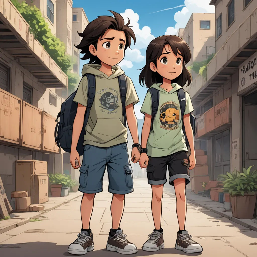 two young children standing on a city street holding hands and looking at the camera with buildings in the background, furry art, a storybook illustration, Cyril Rolando, rossdraws global illumination
