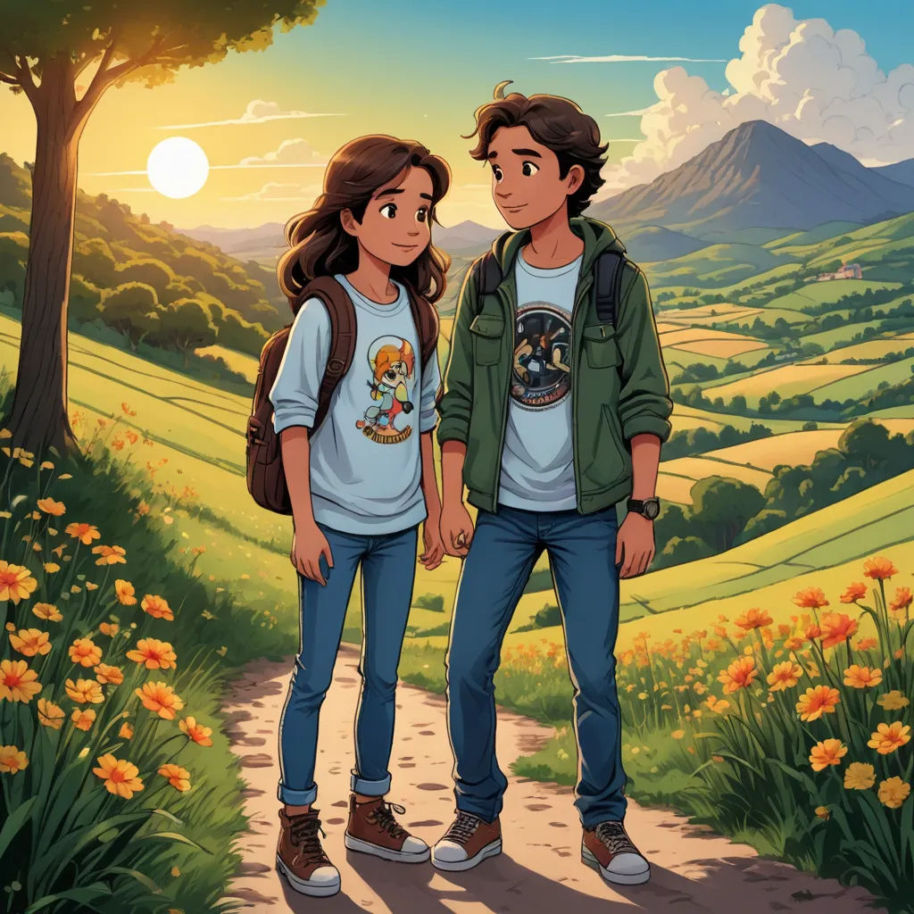 a couple of people standing on a dirt road near a field of flowers and trees with a sunset in the background, serial art, a storybook illustration, Cliff Childs, official art