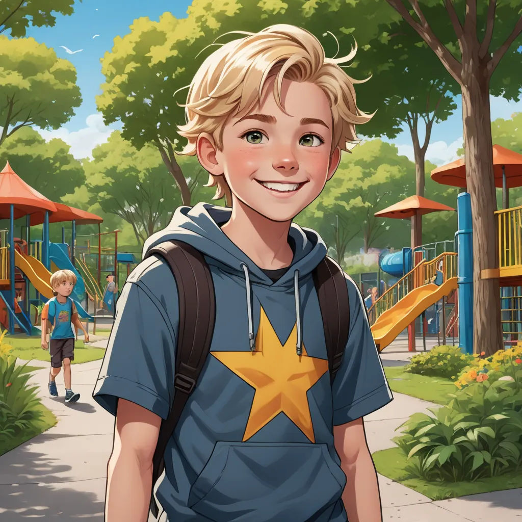 a boy in a blue shirt and a star on his shirt is standing in front of a playground with a yellow star, american scene painting, a character portrait, David Park, rossdraws global illumination