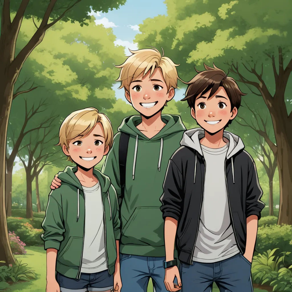 a couple of people standing next to each other in a forest with trees and grass behind them and a boy in the middle, sots art, a comic book panel, disney, official art