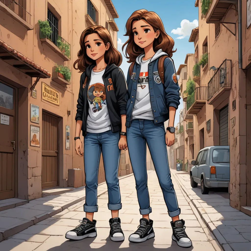 two girls standing on a street in front of a building with a car parked on the side of the street, serial art, concept art, Artgerm, trending on art station