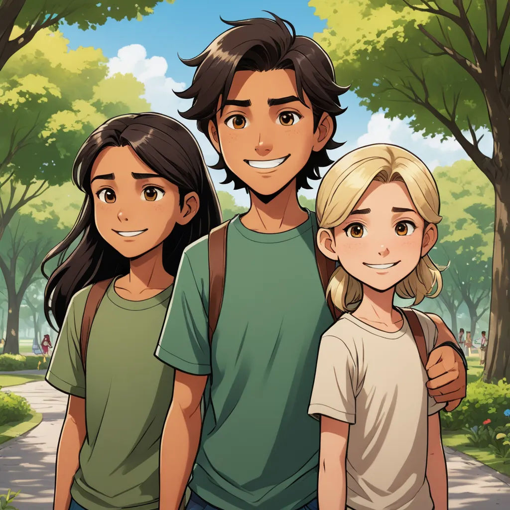 a group of people standing next to each other on a road near trees and a park with a bench, serial art, a comic book panel, Cedric Seaut (Keos Masons), official art