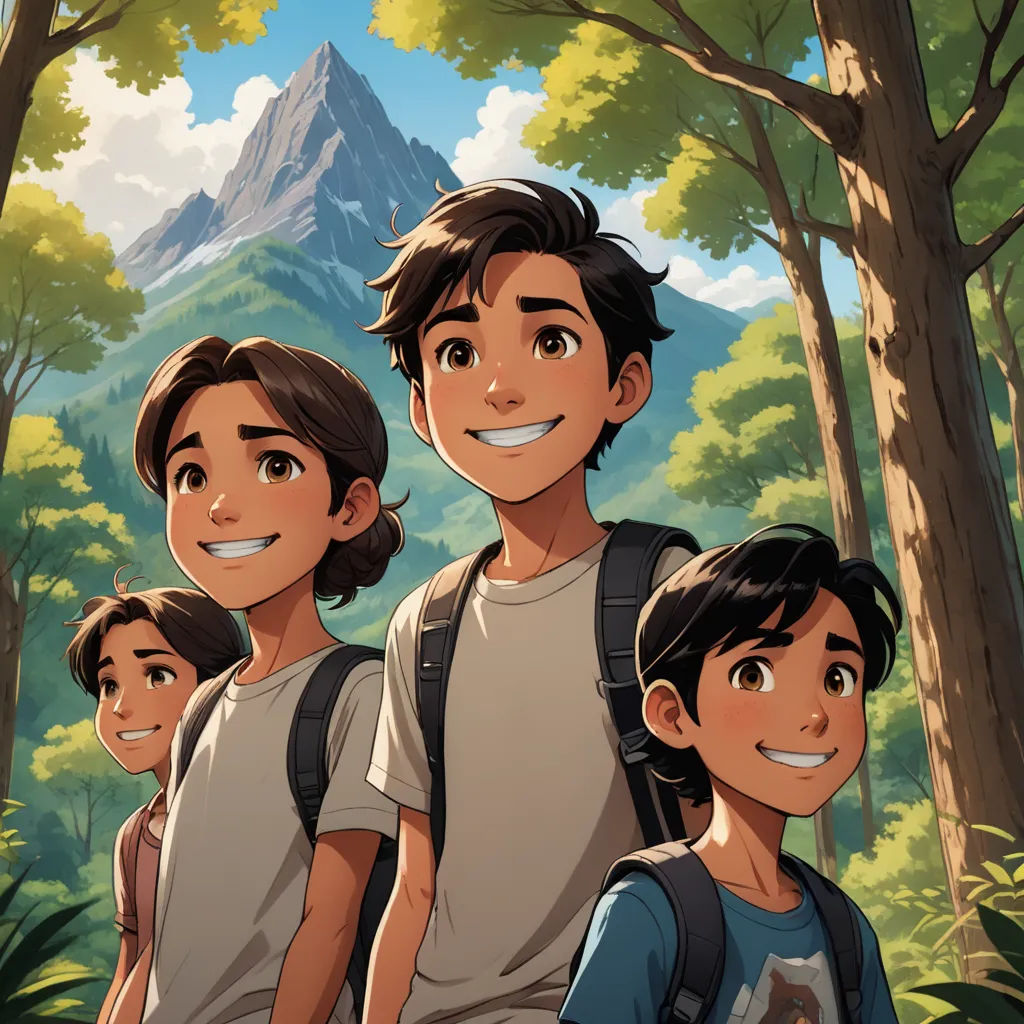 a group of people standing in front of a forest with a mountain in the background and trees in the foreground, process art, a storybook illustration, Brothers Hildebrandt, official art