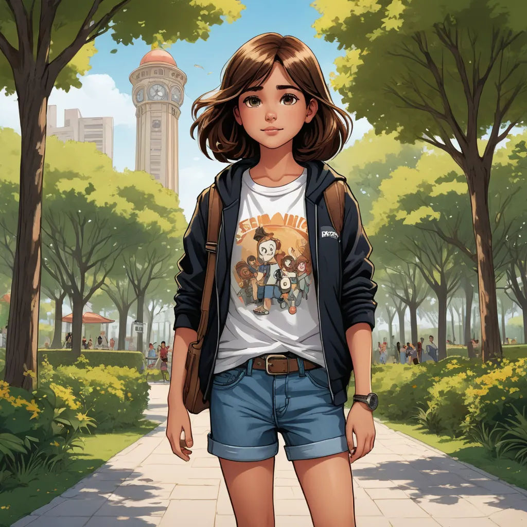 a girl in a park with trees and a building in the background, wearing a t - shirt with a cartoon character on it, paris school, a character portrait, Artgerm, rossdraws global illumination