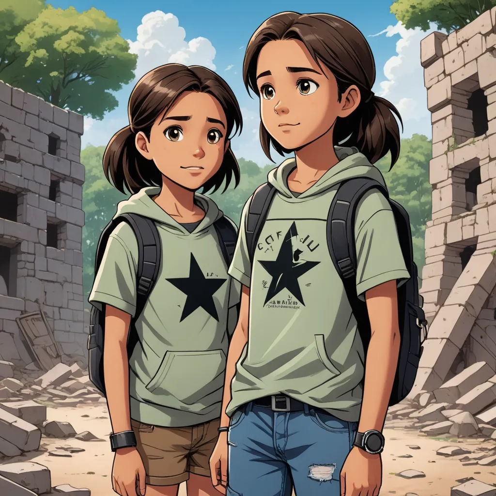 two young girls standing next to each other in front of a stone wall and a forest with trees and bushes, serial art, concept art, Adam Manyoki, official art