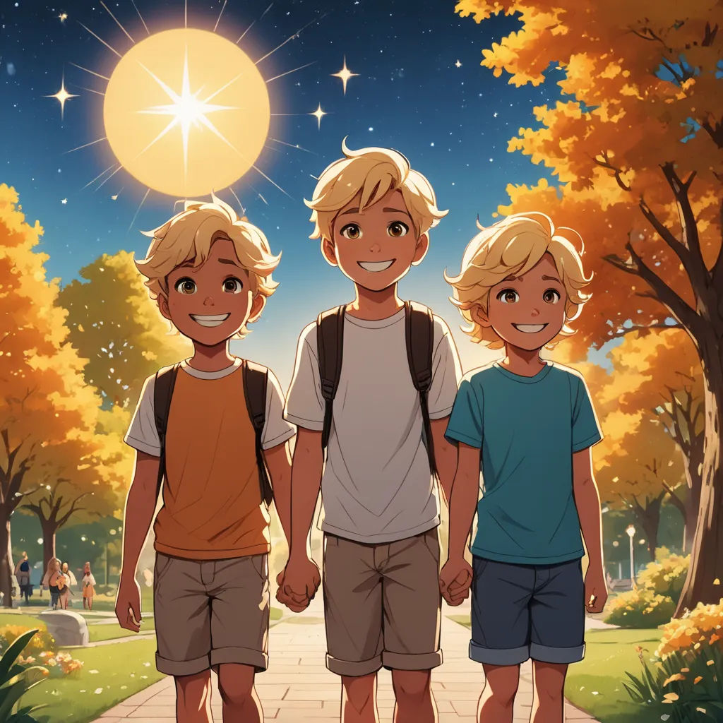 three boys standing on a sidewalk in front of a tree with a bright sun above them and a park with trees and grass, rayonism, a storybook illustration, Brothers Hildebrandt, rossdraws global illumination