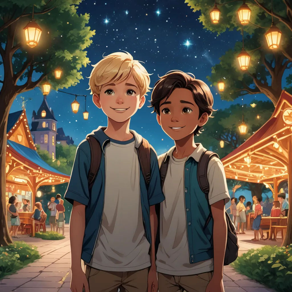 two young boys standing next to each other in front of a night sky with lights and lanterns on it, magical realism, a storybook illustration, disney, rossdraws global illumination