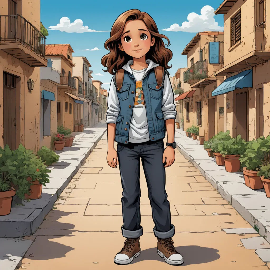 a girl standing in a street with a blue jacket on and a white shirt on and a brown backpack on, lyco art, a character portrait, Cedric Seaut (Keos Masons), official art