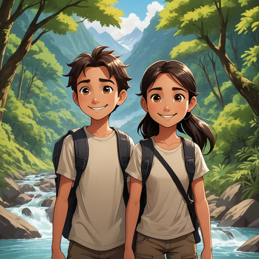 a couple of people standing next to each other in front of a river and mountains with trees on both sides, lyco art, a storybook illustration, Diego Gisbert Llorens, rossdraws global illumination