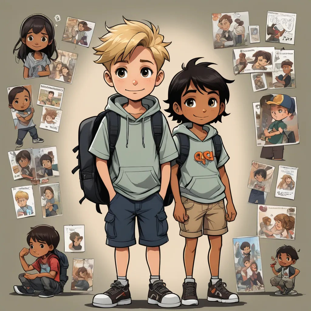 a boy and a girl standing next to each other with pictures of them on the wall behind them and a boy with a backpack, paris school, a storybook illustration, Felix-Kelly, comic cover art