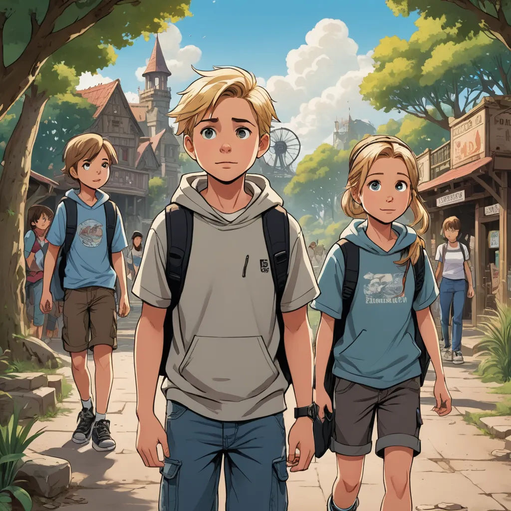 a boy and a girl walking down a street with a backpack on their shoulders and a boy in a blue shirt and shorts, sots art, concept art, Cedric Seaut (Keos Masons), rossdraws global illumination