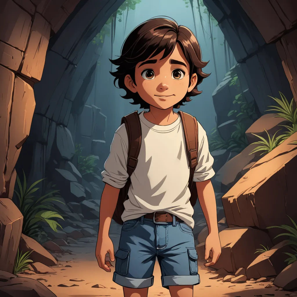 a boy in a cave with a backpack on his back and a backpack on his shoulder, standing in front of a cave, lyco art, a character portrait, Cedric Seaut (Keos Masons), rossdraws global illumination