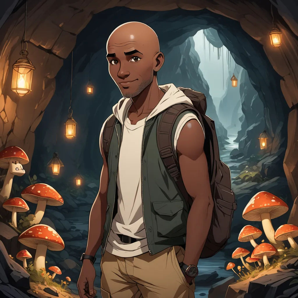 a man standing in a cave with mushrooms and lanterns around him and a lantern in the background that says,, fantasy art, a character portrait, Cedric Seaut (Keos Masons), character portrait