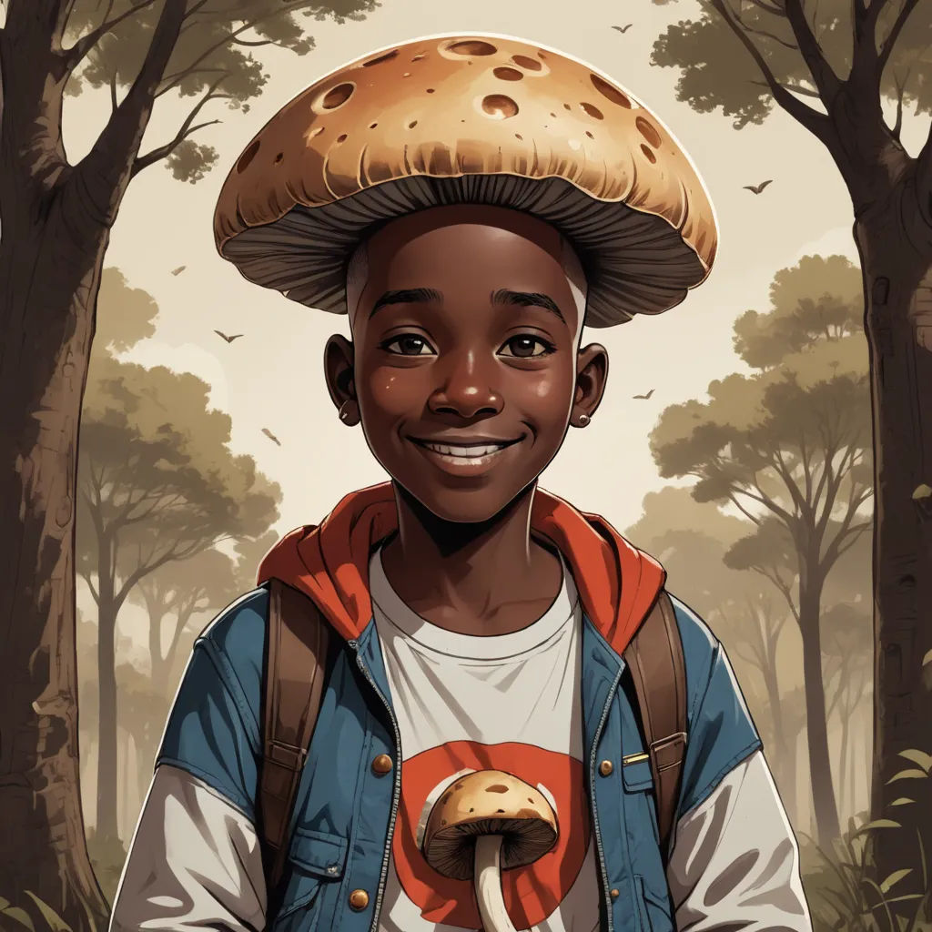 a boy with a mushroom on his head in the woods with trees and birds in the background, digital painting, funk art, a character portrait, Chris LaBrooy, comic cover art