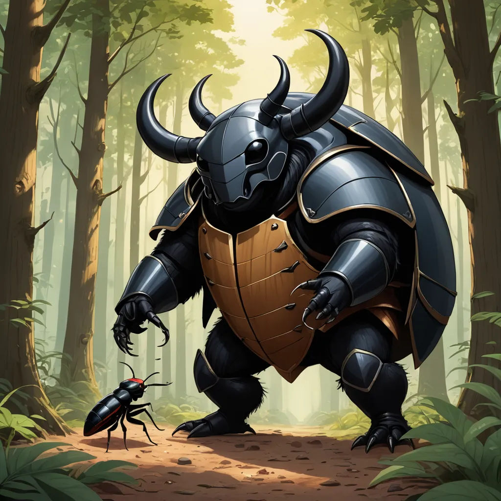 a cartoon of a giant black bull with a shield and armor on, standing in a forest with a bug, fantasy art, a character portrait, Craola, magic the gathering artwork