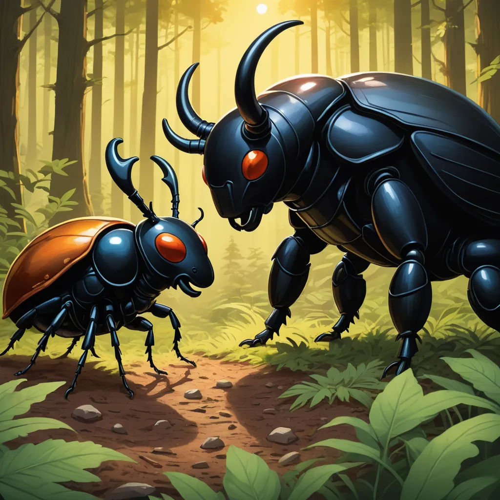 two bugs in the middle of a forest with sunlight coming through the trees and leaves on the ground, one of them is facing the other, fantasy art, a storybook illustration, Dan Mumford, game art