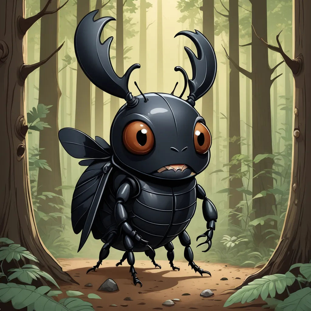 a bug with big eyes standing in a forest with trees and leaves on the ground, with a light shining on the ground, pop surrealism, a character portrait, Craola, behance hd