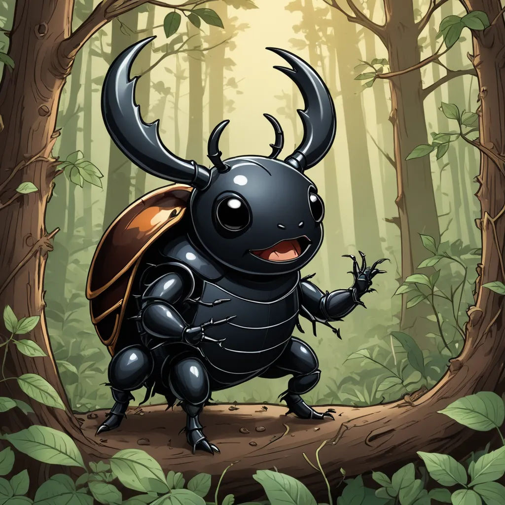 a black bug with horns and a tail standing in a forest with trees and leaves on the ground, with a light shining through the trees behind it, pop surrealism, a storybook illustration, Craola, storybook illustration