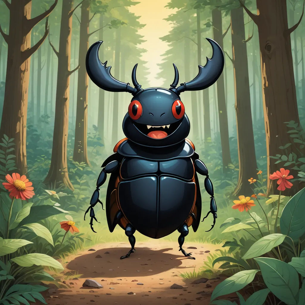 a bug with red eyes standing in a forest with flowers and trees in the background, with a path leading to the forest, fantasy art, a storybook illustration, Craola, game art