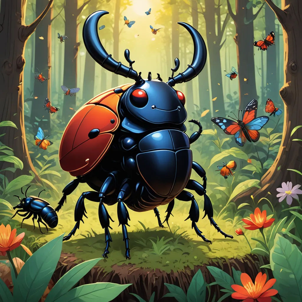 a bug with a red face and black body in a forest with butterflies and flowers on the ground and a sun shining through the trees, fantasy art, a storybook illustration, Craola, magic the gathering artwork