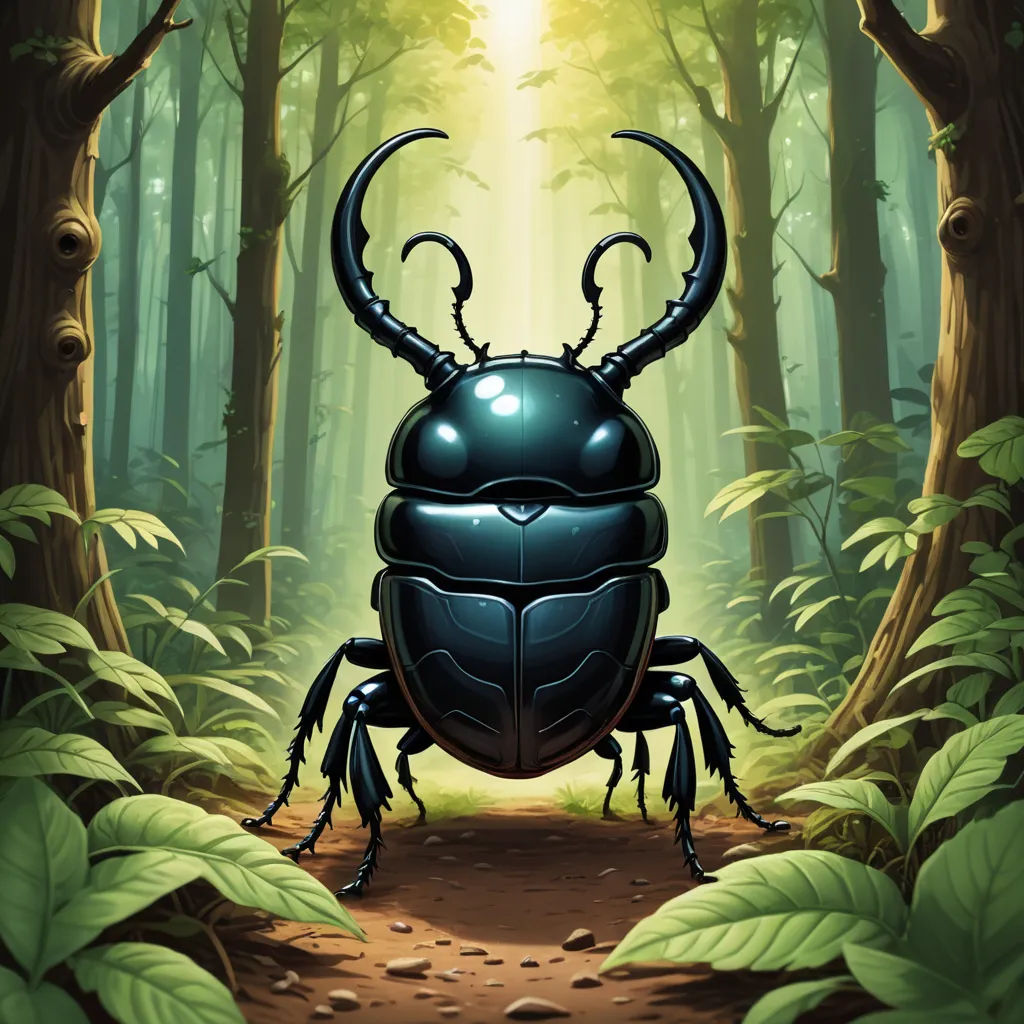 a bug with horns standing in a forest with a light shining through the trees behind it and a trail leading to it, fantasy art, a storybook illustration, Craola, magic the gathering artwork