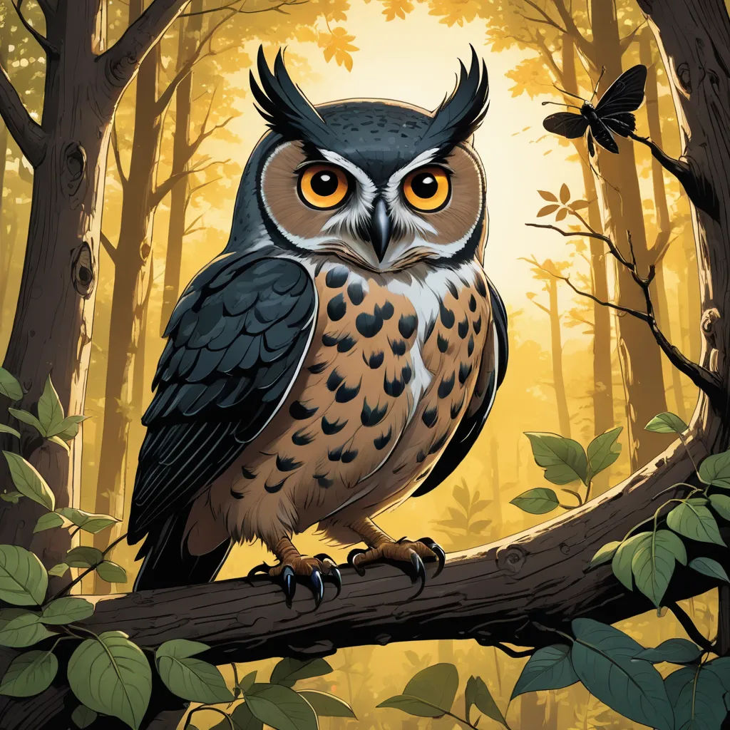 a painting of an owl sitting on a branch in a forest with a butterfly flying overhead in the background, fantasy art, a storybook illustration, Dan Mumford, storybook illustration
