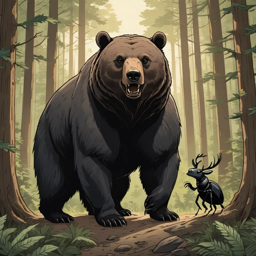 a bear and a antelope in a forest with trees and rocks, with a yellow background and a brown bear with antelope, furry art, a storybook illustration, Dan Mumford, josan gonzales and dan mumford