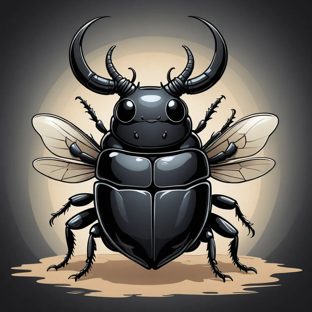 a black beetle with horns and horns on its back, sitting in the dirt with a light behind it, pop surrealism, a detailed drawing, Craola, detailed illustration